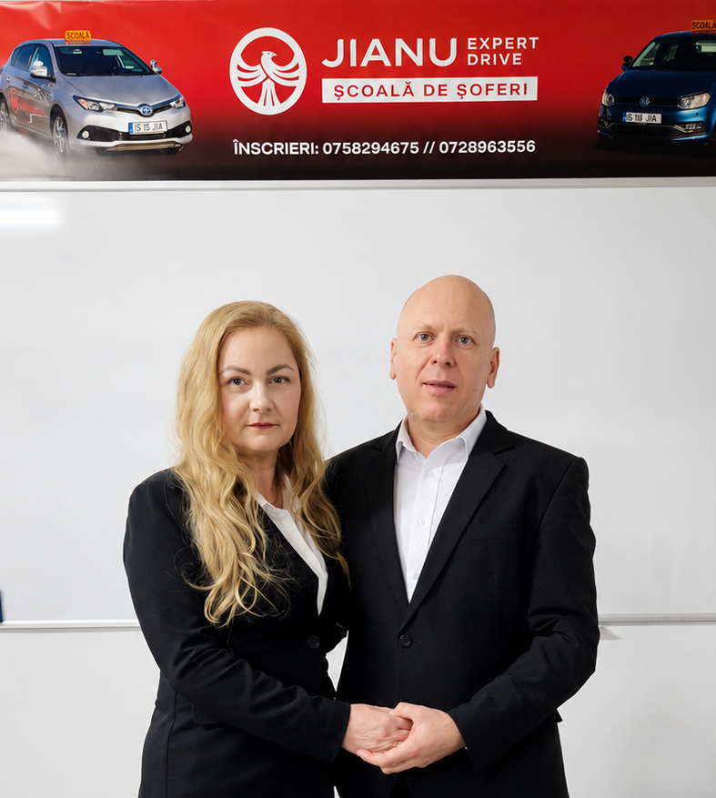 Mihaela Jianu și Petru Jianu profesori de legislație rutieră și instructori auto la JIANU EXPERT DRIVE Iaș
