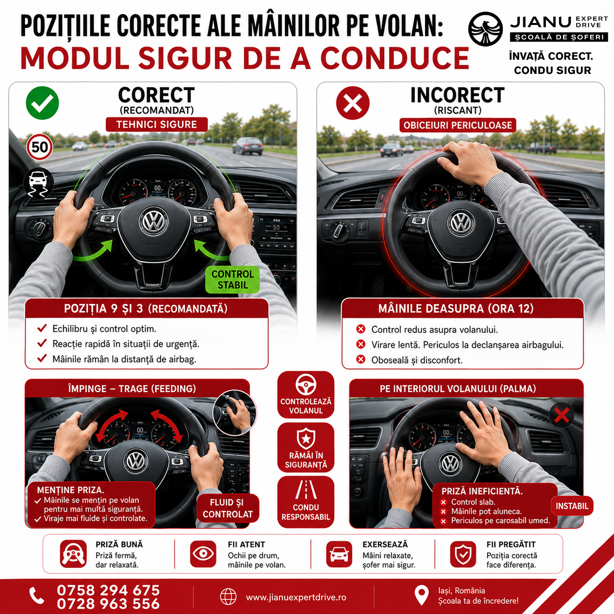 Comparație între poziția corectă și pozițiile incorecte ale mâinilor pe volan. Infografic JIANU EXPERT DRIVE care prezintă poziția recomandată 9 și 3, tehnica Împinge–Trage și greșelile frecvente la conducere.